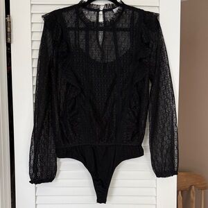 ✨ Hayden Los Angeles Sheer Black Lace Long-Sleeve Bodysuit — Size Large EUC ✨